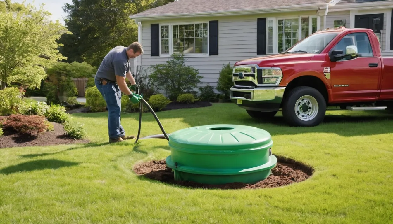 Friendly septic provider checking an open tank lid in a Medford backyard while a homeowner looks on